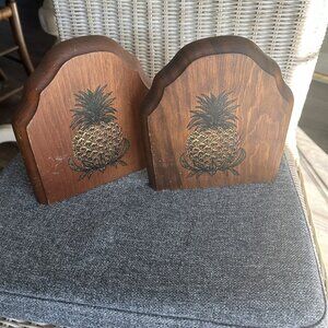 Vintage Wood and Metal Bookends Pineapple Printed Litho Book End Set of 2